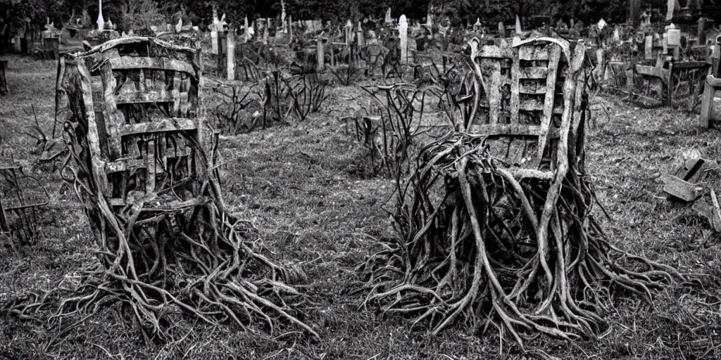 Image similar to an cursed chair made out of roots and vines in a gloomy grave yard