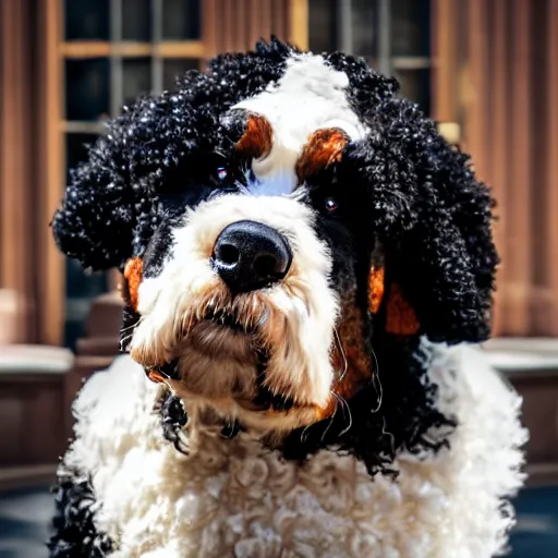 Prompt: a closeup photorealistic photograph of a smiling knitted bernedoodle judge dog dressed in a black gown, presiding over the courthouse. indoors, professional capture, well lit shot. this 4 k hd image is trending on artstation, featured on behance, well - rendered, extra crisp, features intricate detail, epic composition and the style of unreal engine.