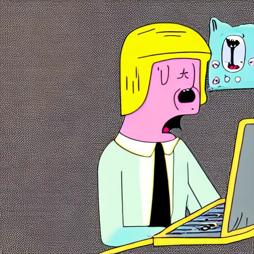 Prompt: a very animated tired person with bloodshot eyes and tongue out staring at the computer with growing desperation, adventure time animation style