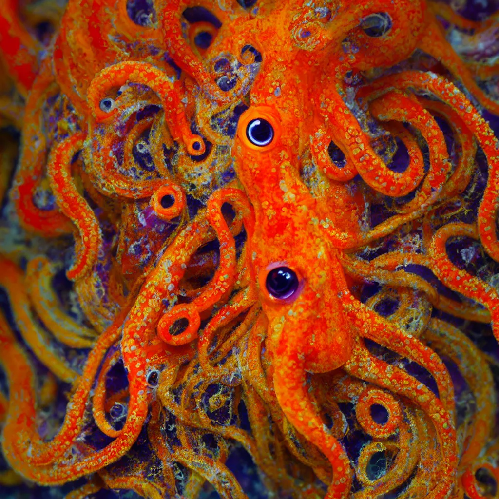 Image similar to fiery whimsical emotional eyes cephalopod, in a photorealistic macro photograph with shallow dof