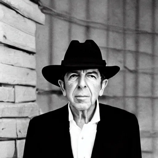 Prompt: Leonard Cohen in a cowboy hat, at the gates of hell, acid