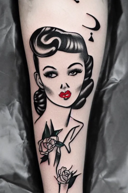 Prompt: pinup girl tattoo by Sarah Gaugler