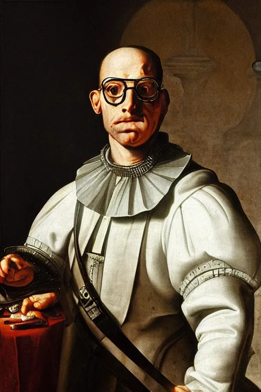 Prompt: “portrait of a wealthy cyborg quality assurance analyst wearing glasses, highly detailed, circa 1615, oil on linen, Chiaroscuro, painted by Giovanni Baglione”