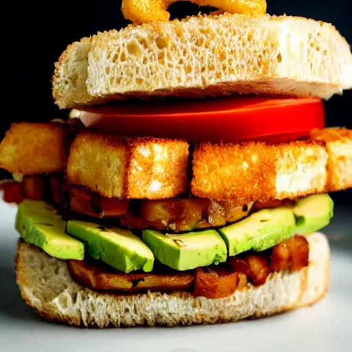 Prompt: sandwich with fried tofu, one tomato slice, one onion ring, avocado, melted cheddar, over a dish that is over a table, with a sunset and rainbow in the background with saturn and stars in the sky