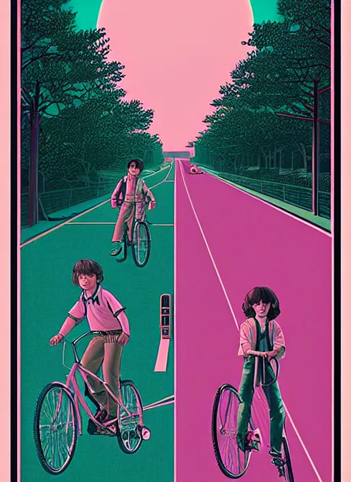 Image similar to realistic poster of stranger things, futuristic, dreamy, in shades of pink and green light, highly detailed, 8 0 - s style poster, sharp focus, illustration, art by kawase hasui,