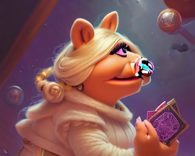 Image similar to miss piggy photography of kurzgesagt, deep focus, d & d, fantasy, intricate, elegant, highly detailed, digital painting, artstation, concept art, matte, sharp focus, illustration, hearthstone, art by artgerm and greg rutkowski and alphonse mucha