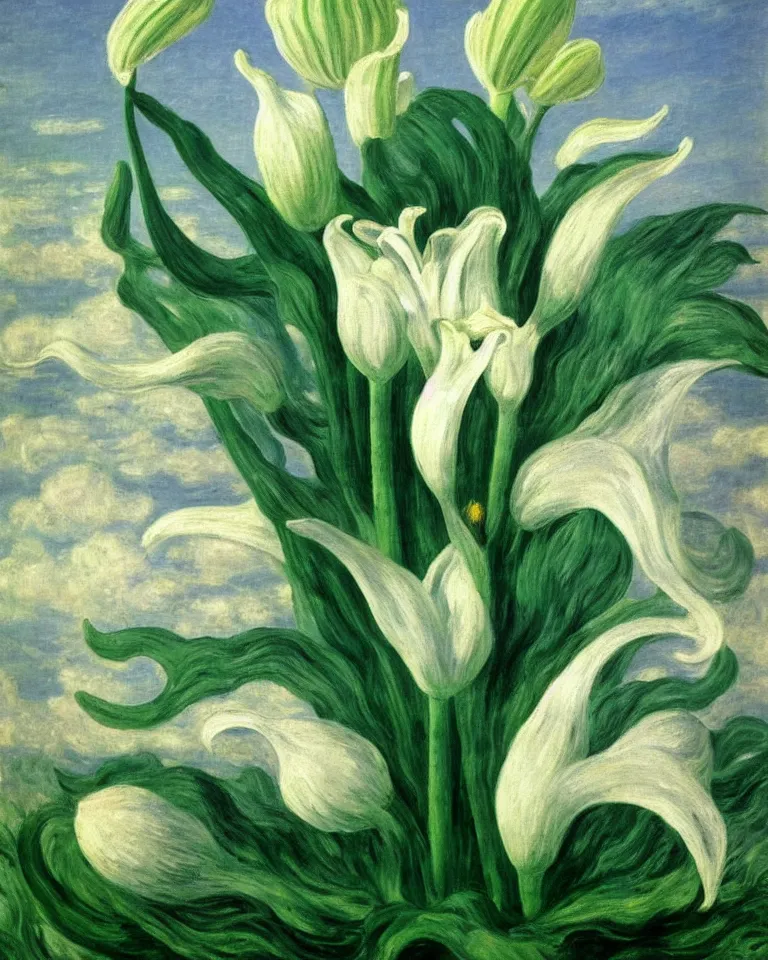 Image similar to achingly beautiful close - up painting of one giant white lily on green background rene magritte, monet, and turner. piranesi.