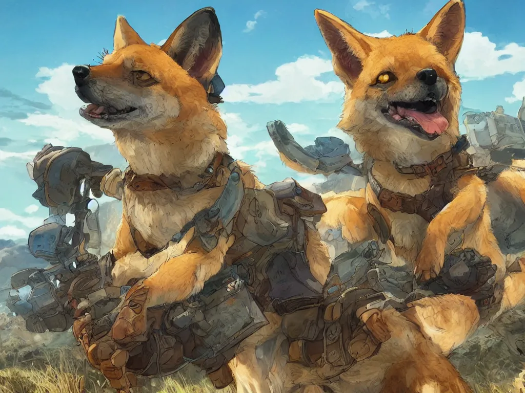 Image similar to stylized character concept art of the small cute dingo dog in the australia outback, hidari, color page, tankoban, 4 k, tone mapping, akihiko yoshida, clean bright happy adventure