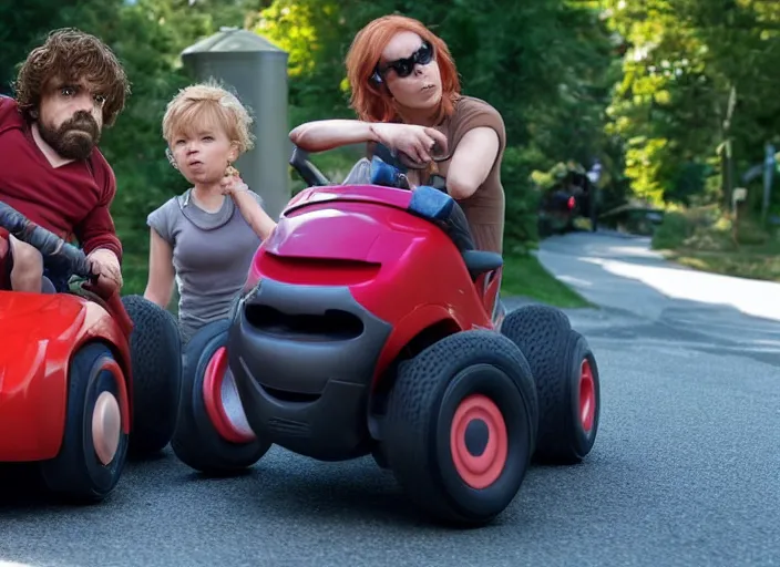 Image similar to peter dinklage and scarlett johannson driving a little tikes cozy coupe, movie still, from the new black widow movie, 8 k, realistic