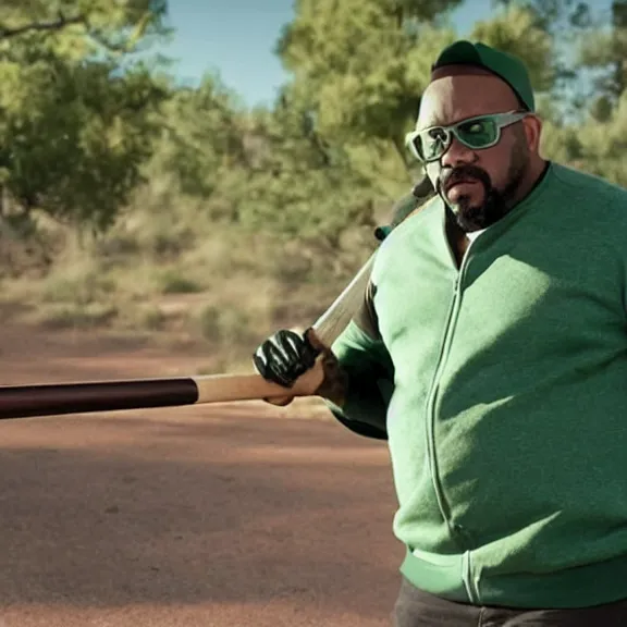 Image similar to Still of Big Smoke with green clothing wielding a baseball bat in Better Call Saul