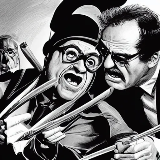 Prompt: danny devito as magneto battling groucho marx as wolverine, graphic novel drawing by alex ross