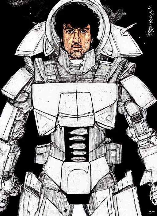 Image similar to sylvester stallone in gundam armor by kaethe butcher and moebius, details