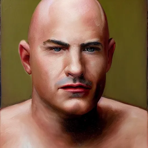 Prompt: a bald man from ohio living in michigan and he has drama queen eyebrows, hyperrealistic painting