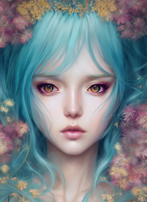 Image similar to dreamlike luxury stunning gorgeous woman fairy portrait, pale turquoise and gold kimono, art by artgerm, wlop, loish, ilya kuvshinov, 8 k hyperrealistic, hyperdetailed, beautiful lighting, detailed background, depth of field, symmetrical face, frostbite 3 engine, cryengine,