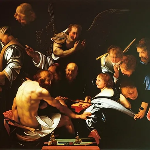 Prompt: angels in heaven playing backgammon baroque masterpiece painting by caravaggio, rembrandt, rubens