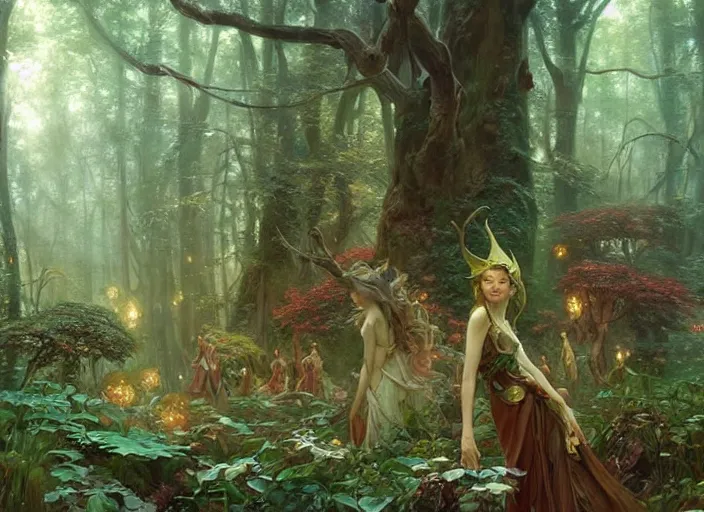 Prompt: an image of a beautiful mythical fantasy forest filled with dancing elves and fairies, by Stanley Artgerm Lau , greg rutkowski, thomas kindkade, alphonse mucha, loish, norman Rockwell