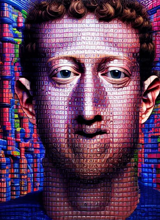 Prompt: hyper detailed 3d render like an Oil painting - Portrait of Mark Zuckerberg hooked up to a mainframe by Jacek Yerka, Mariusz Lewandowski, Houdini algorithmic generative render, Abstract brush strokes, Masterpiece, Edward Hopper and James Gilleard, Zdzislaw Beksinski, Mark Ryden, Wolfgang Lettl, hints of Yayoi Kasuma, octane render, 8k