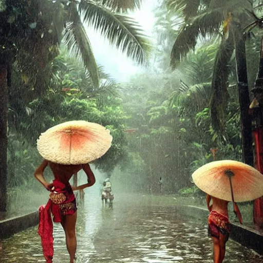 Image similar to monsoon on tropical island, beautiful oriental girl, ornate, beautiful, atmosphere, vibe, mist, coconuts, rain, wet, pristine, puddles, melting, dripping, snow, creek, lush, ice, bridge, forest, roses, flowers, by stanley artgerm lau, greg rutkowski, thomas kindkade, alphonse mucha, loish, norman rockwell