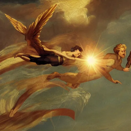 Prompt: icarus and daedalus flying too close to the sun, realistic