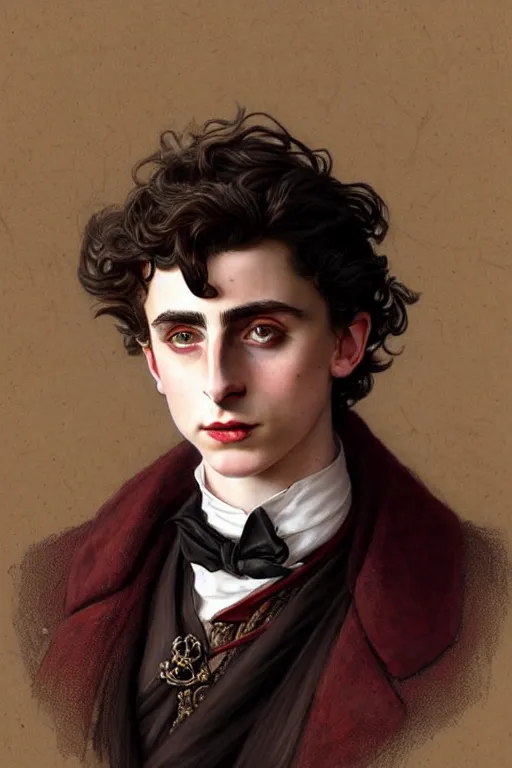 Prompt: Timothée Chalamet dressed in male Victorian fashion, D&D, fantasy, intricate, elegant, highly detailed, digital painting, artstation, concept art, matte, sharp focus, illustration, art by Artgerm and Greg Rutkowski and Alphonse Mucha