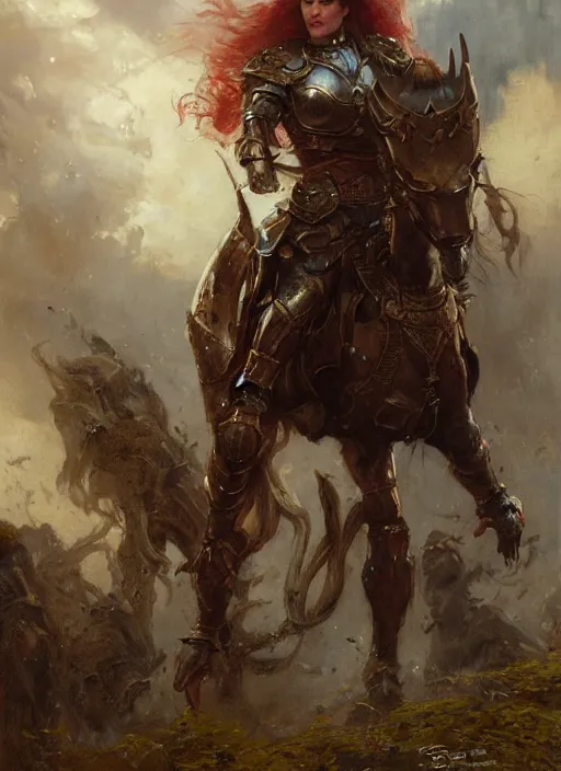 Image similar to staring seductively short muscular redheaded woman wearing realistic medieval armour, detailed by gaston bussiere, bayard wu, greg rutkowski, giger, maxim verehin, greg rutkowski, masterpiece, sharp focus, cinematic lightning