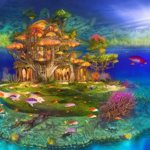 Image similar to fancy treehouse mansion built in coral underwater reef landscape with sunshine rays from above detailed luminescent magical realism 4 k painting