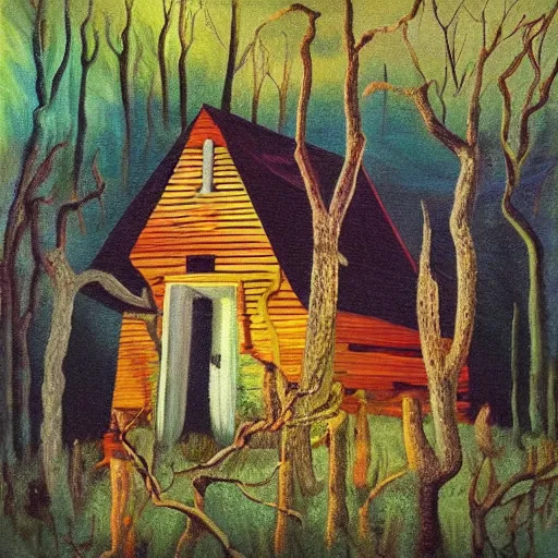 Prompt: a painting of a Eerie cabin in the middle of the woods in the style of Salvador Dali