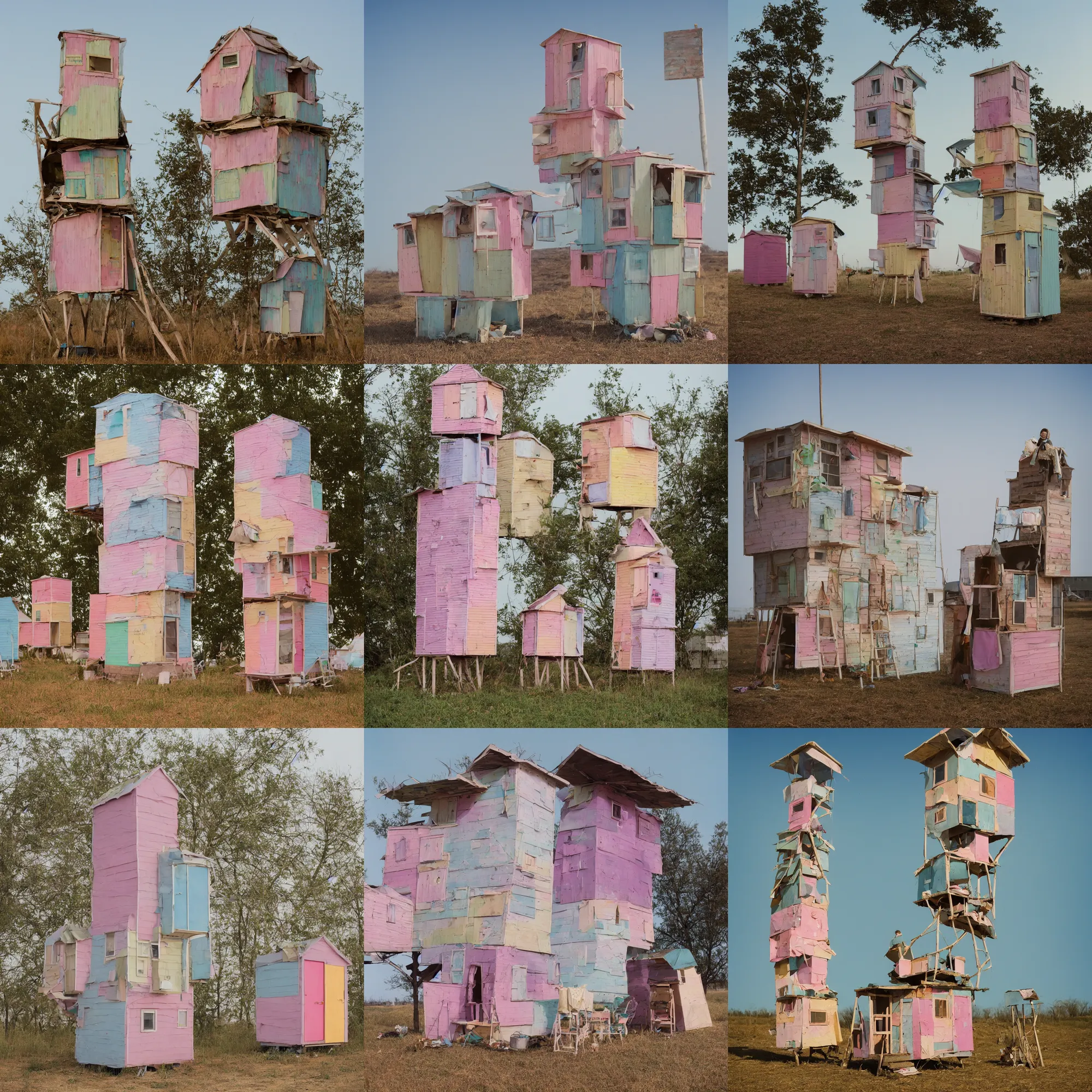 Prompt: a tower made up of makeshift squatter shacks with pastel colours, mamiya, 8 5 mm, f 1. 7, fully frontal view, uniform plain sky, fine details, centered composition, photographed by julie blackmon