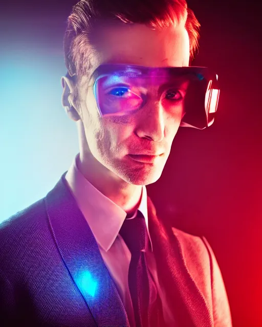 Image similar to dramatic cyberpunk portrait of a man in a suit, crystalline, multicolor glow, atmospheric haze, intense shading, optic ripple, backlit, bokeh, centered
