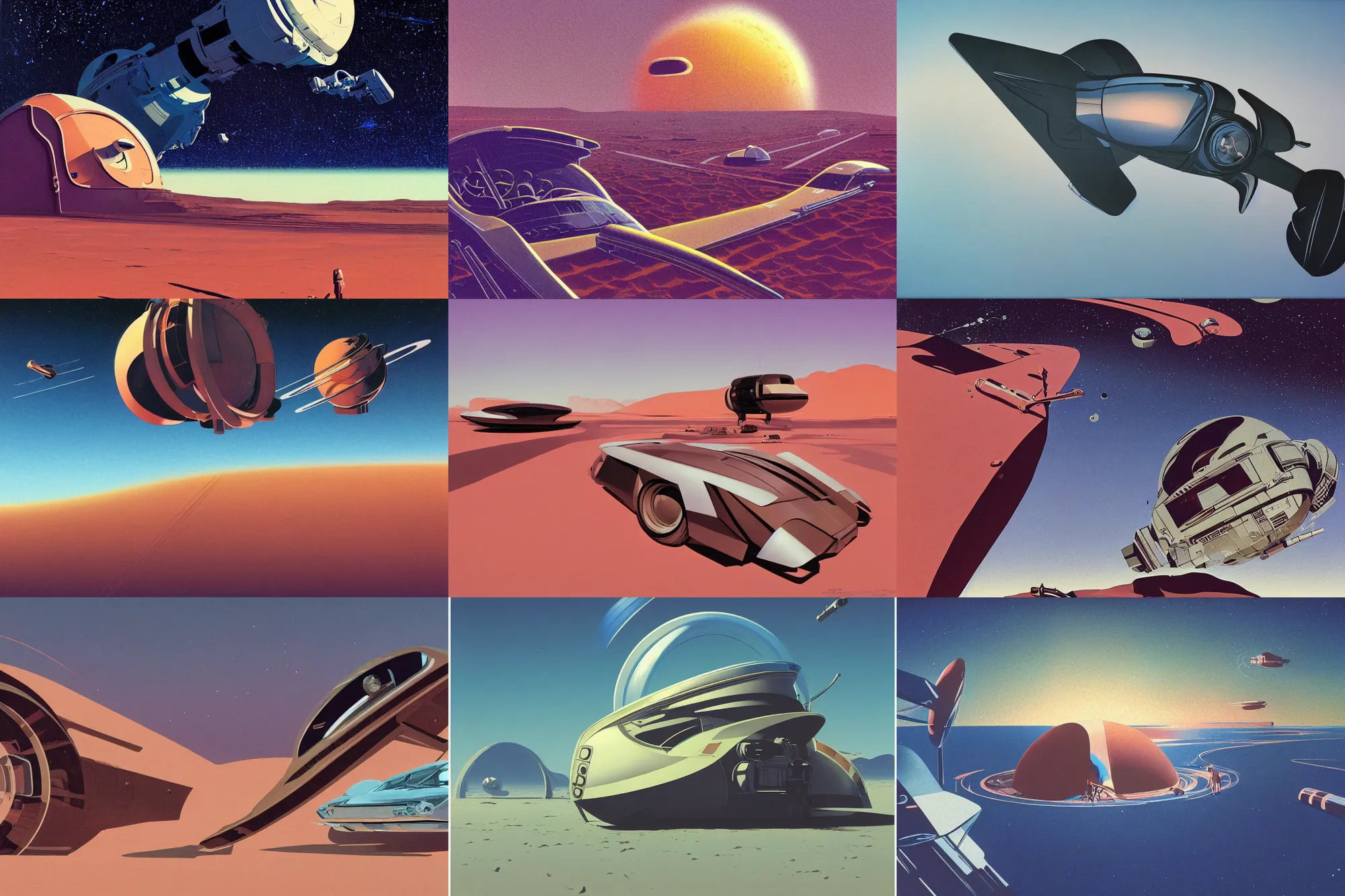 Prompt: Cinestill 800t, 8K, 35mm; beautiful ultra realistic minimalistic syd mead in space(1950) film still desert scene, 2000s frontiers in retrofuturism fashion magazine September hyperrealism moebius edition, highly detailed, extreme closeup three-quarter scene, tilt shift LaGrange point orbit background, three point perspective, focus on model attack sub;sunflare;back to camera, soft lighting