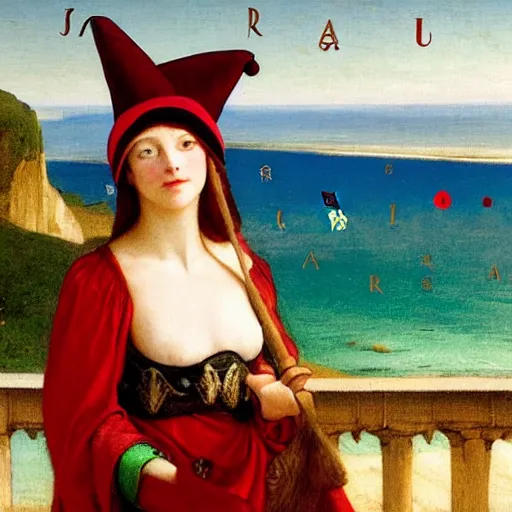 Image similar to A girl with jester hat and clothes on the front of a Balustrade with a beach on the background, major arcana cards, by paul delaroche, hyperrealistic 8k, very detailed