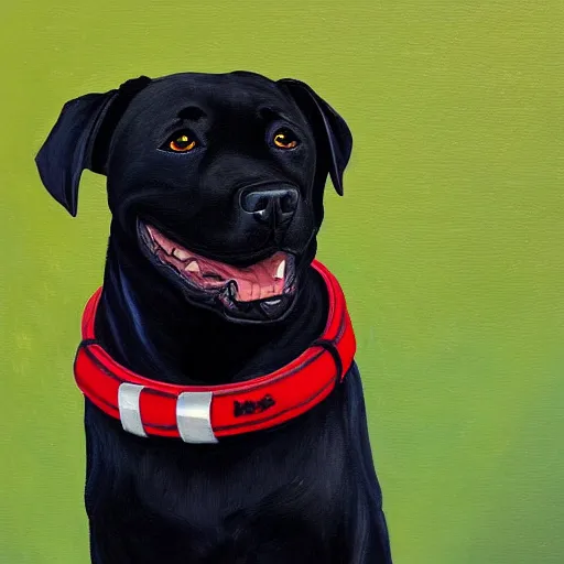 Prompt: painting of a black pitbull lab wearing thin red dog - collar