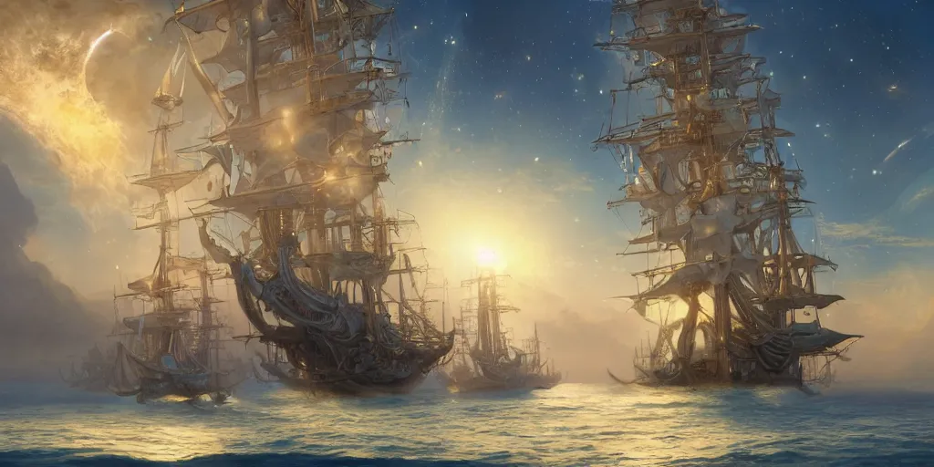 Prompt: Photorealistic epic science fiction painting of a tall ship with three masts sailing through space, by Rodney Matthews and Roger Dean. photorealism, UHD, amazing depth, glowing, golden ratio, 3D octane cycle unreal engine 5, volumetric lighting, cinematic lighting, cgstation artstation concept art