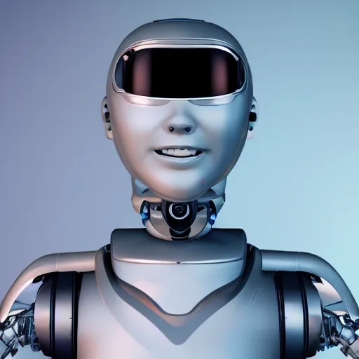 Prompt: a humanoid robot with a monitor displaying emojis for its head. Unreal engine. Octane render. Hyper realistic render.