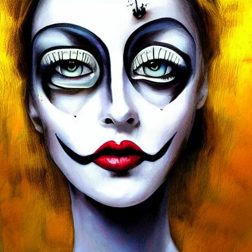 Prompt: woman portrait made out of paint, beautiful, cyborg, tim burton comic book art