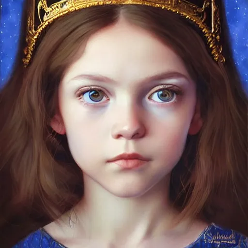 Image similar to a little girl with short wavy curly light brown hair and blue eyes, a space empress in byzantine style. beautiful highly detailed face, painting by ilya kuvshinov and raymond swanland