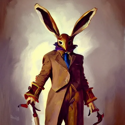 Image similar to greg manchess portrait painting of partially armored of the march hare from alice in wonderland as overwatch character, medium shot, asymmetrical, profile picture, organic painting, sunny day, matte painting, bold shapes, hard edges, street art, trending on artstation, by huang guangjian, gil elvgren, ruan jia, randy vargas, greg rutkowski