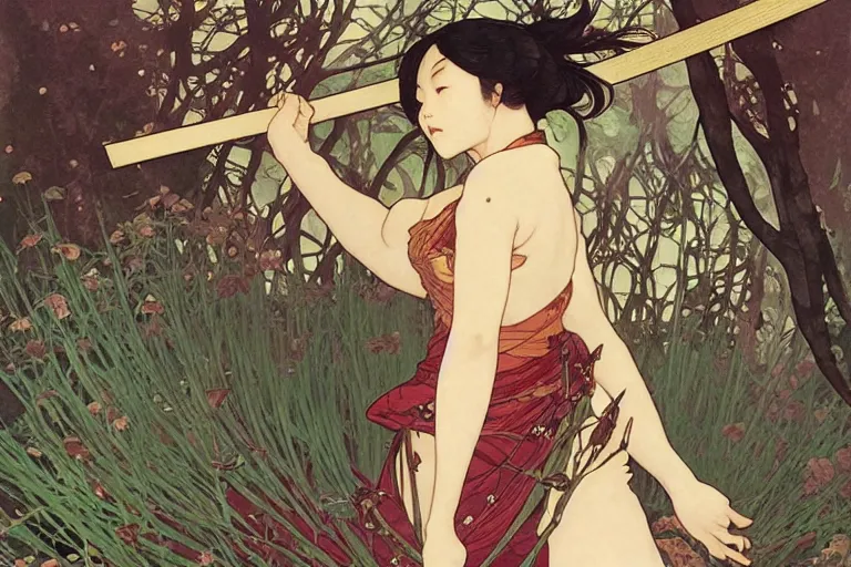 Image similar to beautiful cinematic fantasy poster, asian woman with 2 left arms side view using a bokken in forest ; intricate complexity, by shigenori soejima, krenz cushart, alphonse mucha, takato yamamoto, conrad roset, 4 k, beautiful, high quality - h 9 6 0