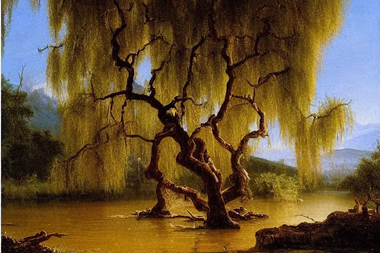 Image similar to oil painting of a detailed willow tree next to a raging river on a sunny day by albert bierstadt