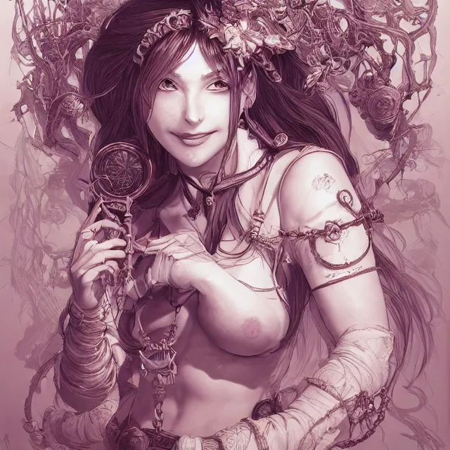 Prompt: the portrait of chaotic good female smiling druid alchemist as absurdly beautiful, gorgeous, elegant, young gravure idol, an ultrafine hyperdetailed illustration by kim jung gi, irakli nadar, intricate linework, sharp focus, bright colors, octopath traveler, final fantasy, unreal engine 5 highly rendered, global illumination, radiant light, detailed and intricate environment