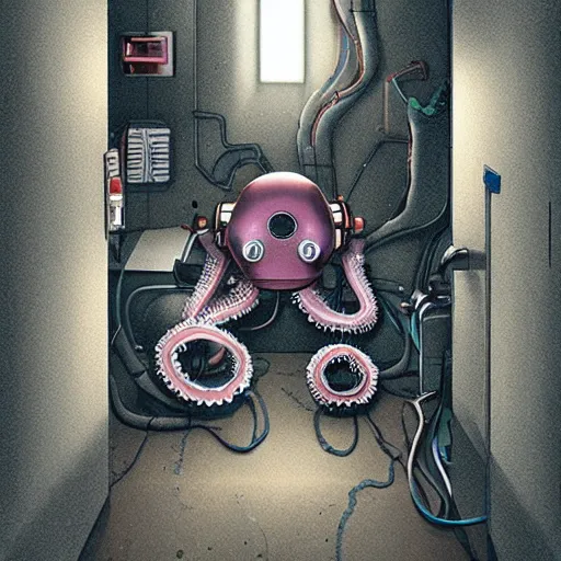 Prompt: robotic Octopus in a hallway, Industrial Scifi, detailed illustration, character portrait, by Martin Grip and Moebius