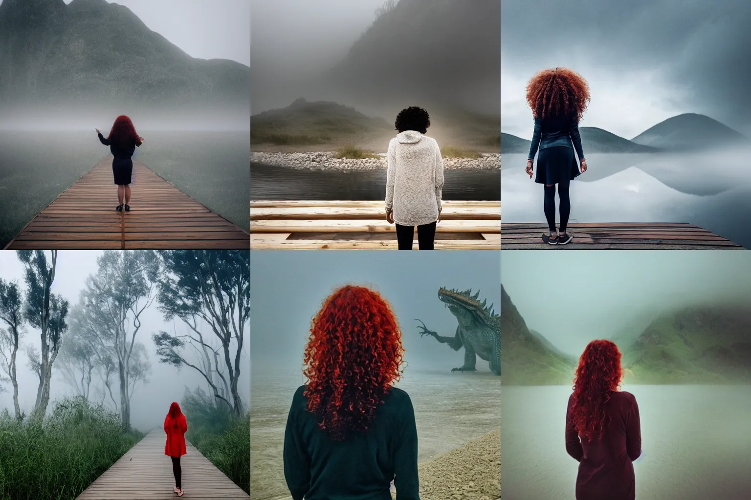 Prompt: a photo of a woman with curly long redhair standing in a boardwalk besides a river looking at a giant dragon in the mountains in a fog during a thunderous weather