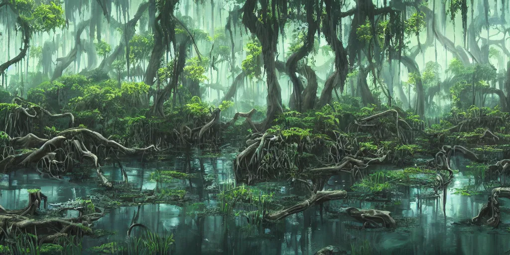 Prompt: a painting of a swamp with vines, drowning skulls in the background, a treasure chest in bushes, a matte painting by makoto shinkai, studio ghibli, featured on pixiv, plein air, speedpainting, painterly, matte drawing