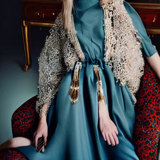 Prompt: close up of fashion model with large valentino dress in parisian luxury studio decorated with vintage furniture, official valentino editorial, highly detailed