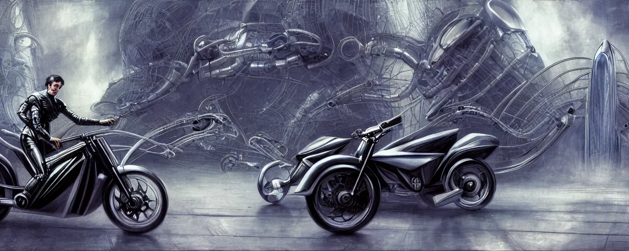 Image similar to nikola tesla riding a futuristic motorbike designed by h. r. giger, nikola is driving through a city with heavy traffic, rule of thirds, uhd 8 k, high detail, masterpiece, cinematic, bokeh, hyperdetailed, photorealistic, hyperrealism, intricate, by stanley artgerm lau, greg rutkowski, moebius