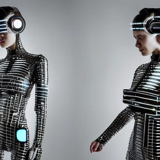 Prompt: Professional studio portrait lighting. Technological female fashion photography. Mechanical cybernetic suit designed by Ikeuchi Hiroto. Wearable design. Hydraulics. Reflective domes. Intricate tech. Formfitting. Bulky wearables. Receiver Antennae.