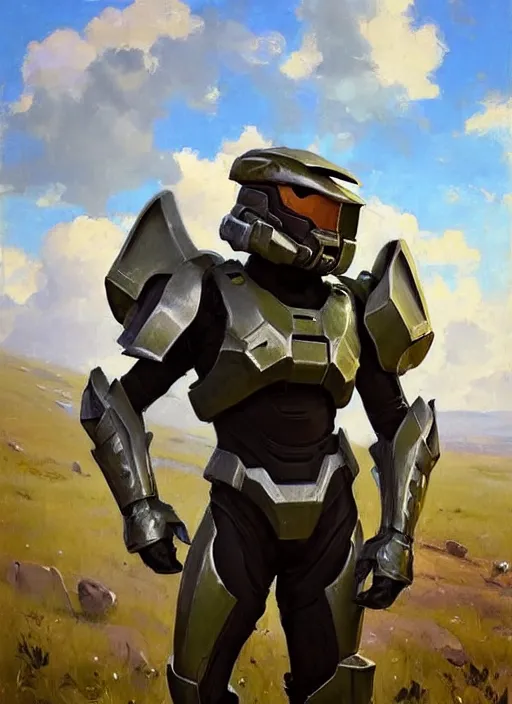 Image similar to Greg Manchess painting of an anthropomorphic Corgi wearing Forerunner Armor from Halo, countryside, calm, fantasy character portrait, dynamic pose, above view, sunny day, artwork by Jeremy Lipkin and Giuseppe Dangelico Pino and Michael Garmash and Rob Rey, very coherent asymmetrical artwork, sharp edges, perfect face, simple form, 100mm