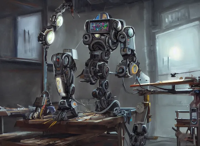 Prompt: a robot painting on an easel in a workshop, highly detailed, digital art, artstation, large workshop background, wide angle, painting