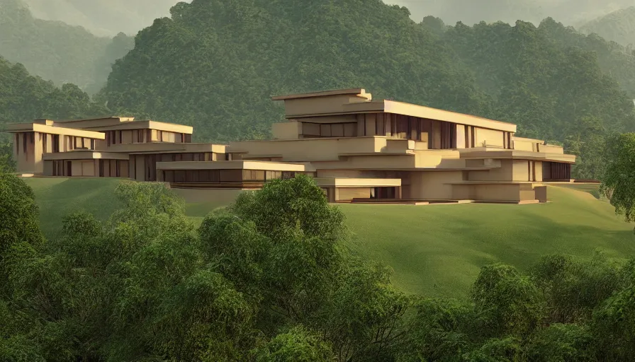 Image similar to modern temple house inspired by tibetan architecture, on a green hill, overlooking a valley with trees, frank lloyd wright, realistic render, birdseye view