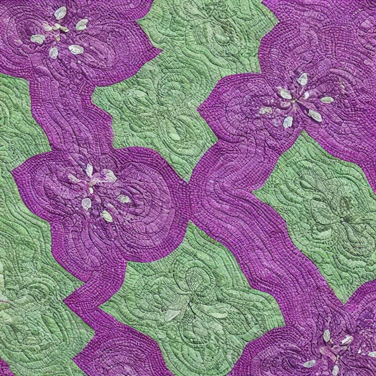 Prompt: lacy intricate hyper-realistic pattern violets and emerald gems quilt